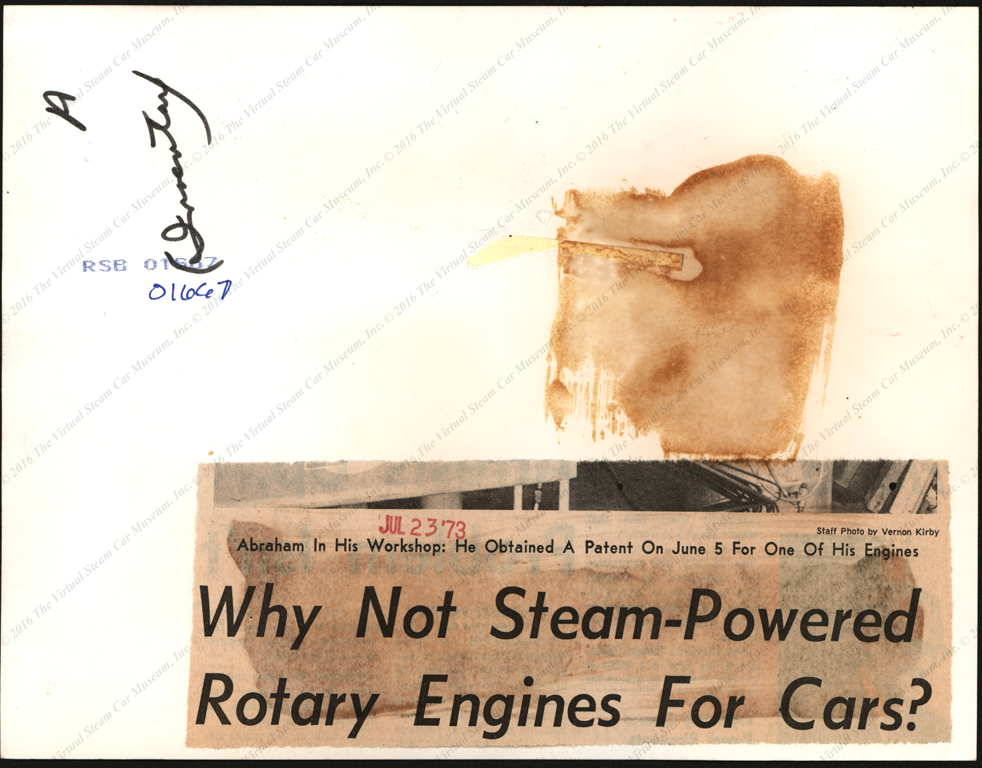 Erich E. Abraham Rotary Steam Engine, June 5, 1973, Press Photograph , Reverse