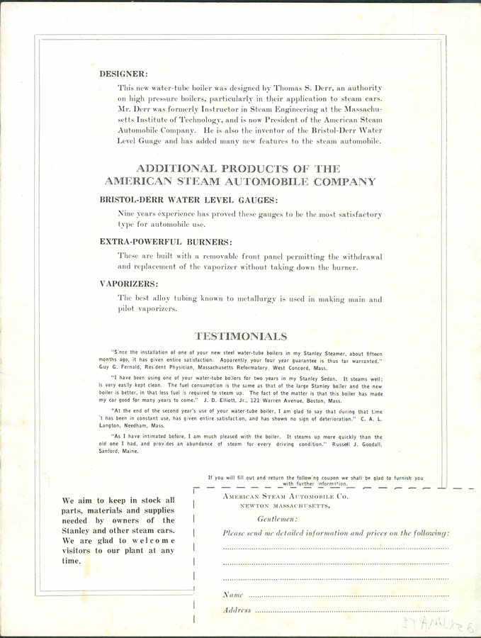American Steam Automobile Company Brochure, ca: 1925 - 1930, p. 4