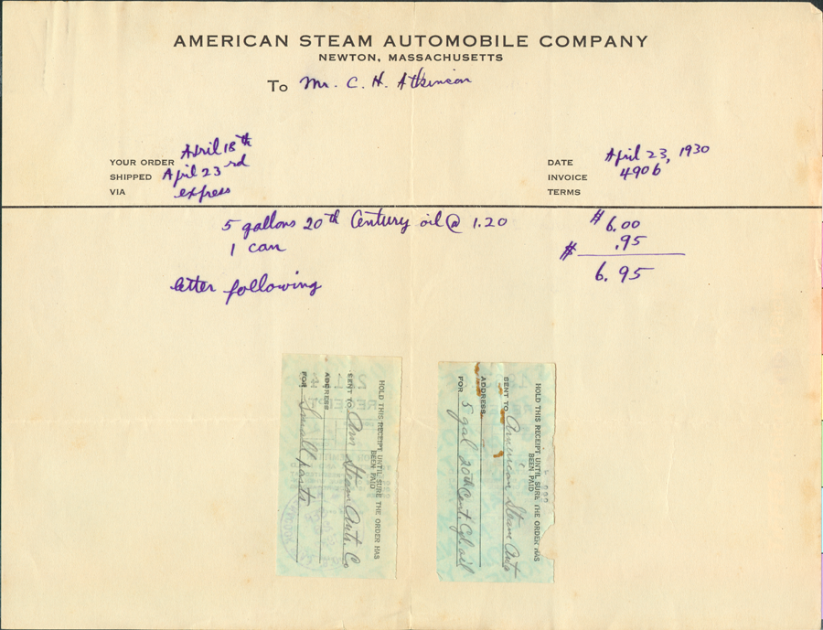 American Steam Automobile Company, Invoie from Derr to Atkinson