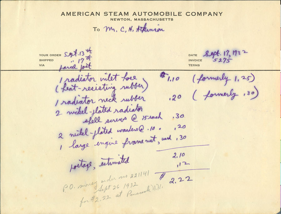 American Steam Automobile Company, Invoice from Derr to Atkinson