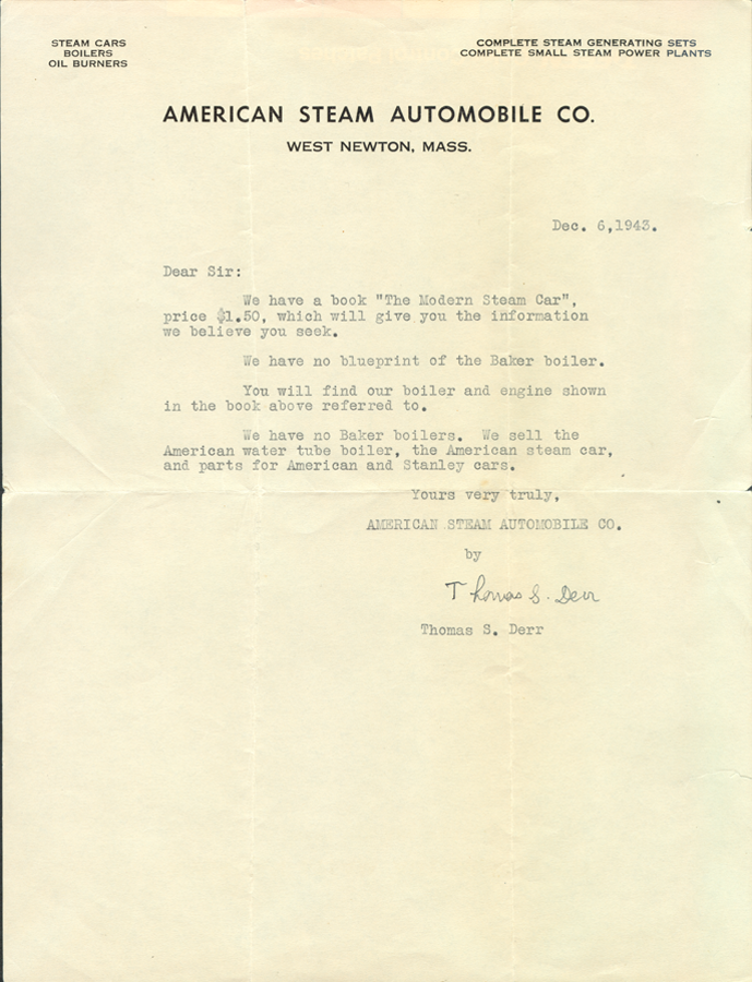 American Steam Automobile Company letter, December 6, 1943