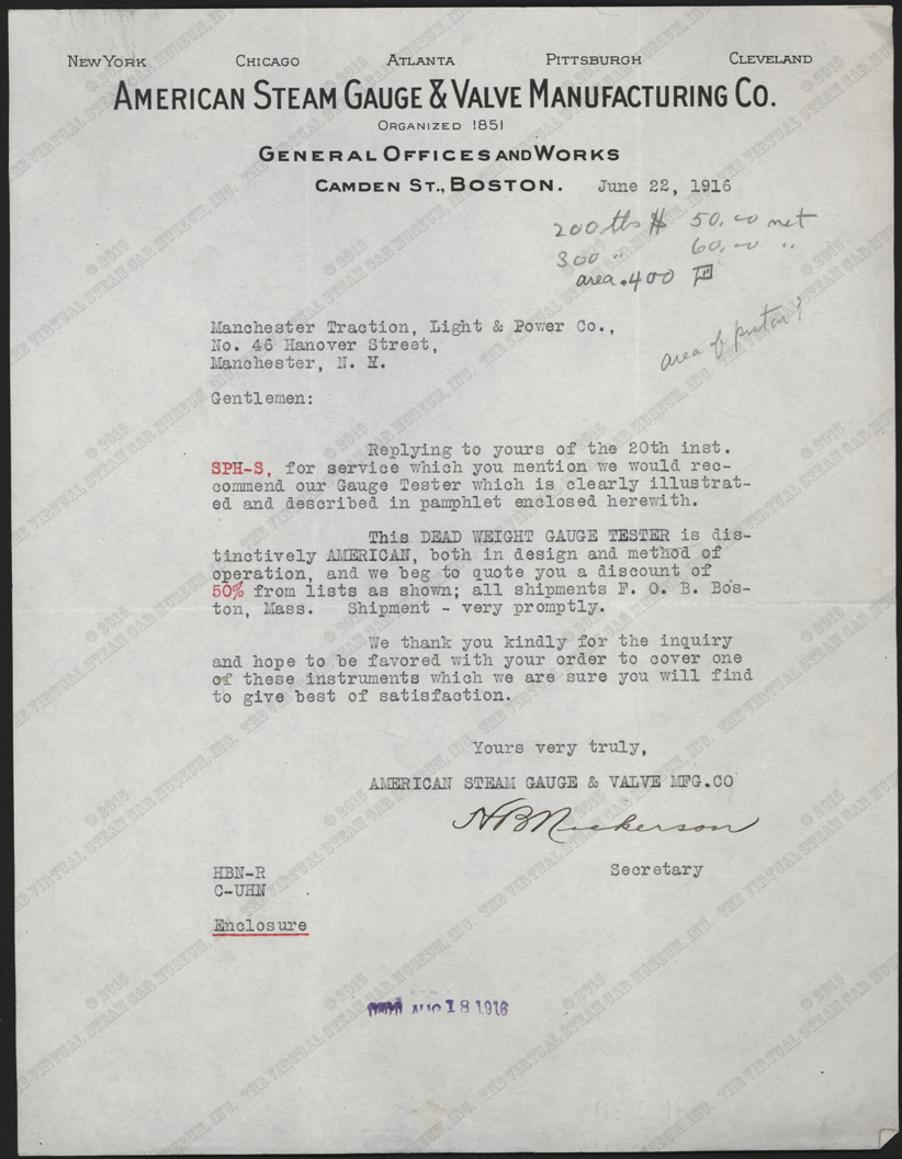American Steam Gauge and Valve Company letter to Manchester Traction, Power, and Light Company, Dead Weight Gauge Testing Equipment Trade Catalolgue
