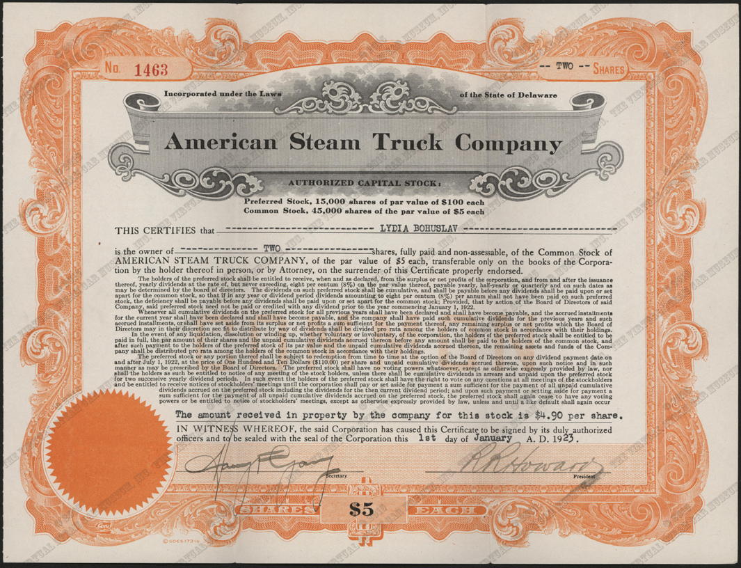 American Steam Truck Company, Common Stock Certificate, January 1, 1923, Lydia Bohuslav