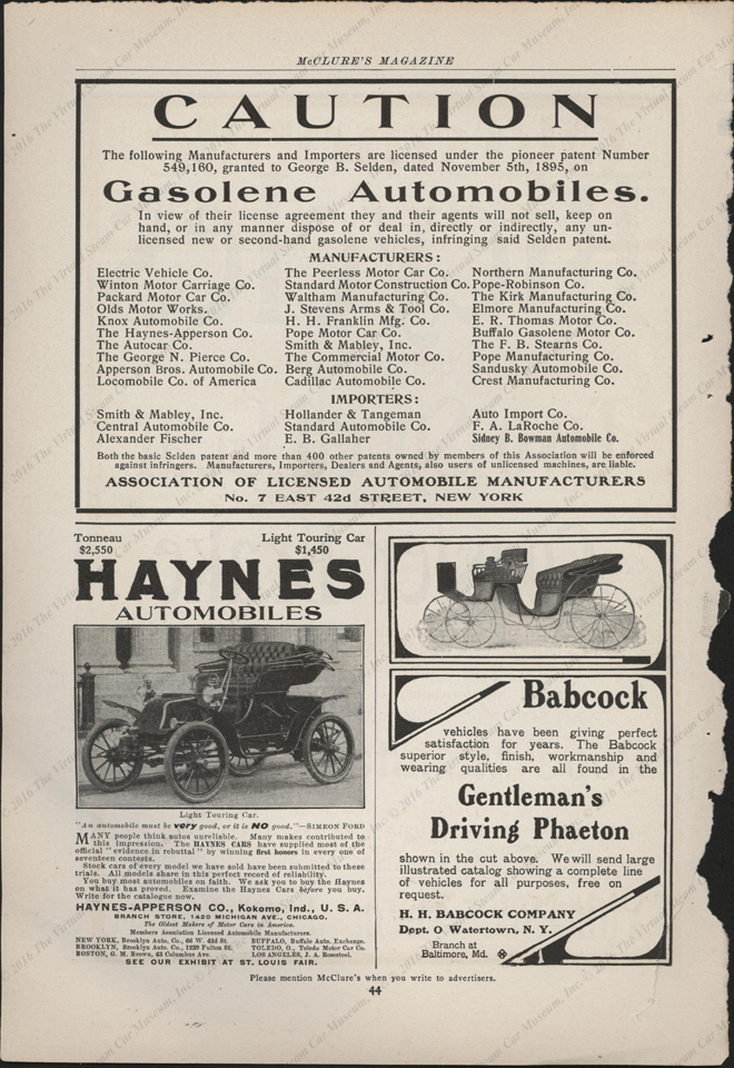 H. H. Babcock Magazine Advertisement, ca: 1903.  Selden Automobile Patent Advertisement