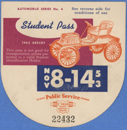 Brecht Automobile COmpany, Novembrer 98 - 14, 1953, Student Bus Pass for St. Louis Public Service Company, Front