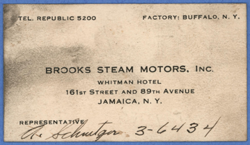 Brooks Steam Motors, Inc. Business Card, ca. 1928 - 1929, A Schrutger