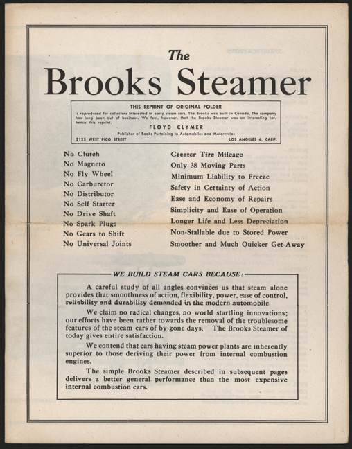 Brooks Steam Motors, Ltd., Floyd Clymer Reprint, ca. 1925 - 1928