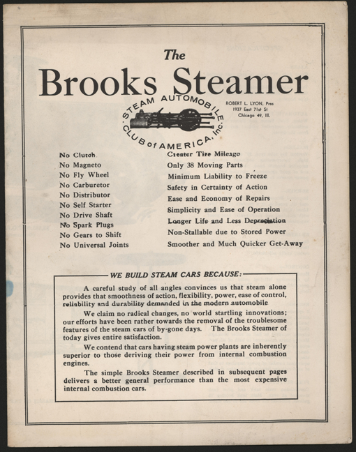 Brooks Steam Motors, Ltd. Steam Automobile Club of America SACA Reprint ca: 1925 - 1927