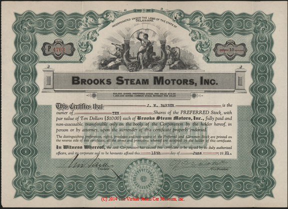 Brooks Steam Motors, Inc., Stock Certificate, June 15, 1931, J. M. Barber, front
