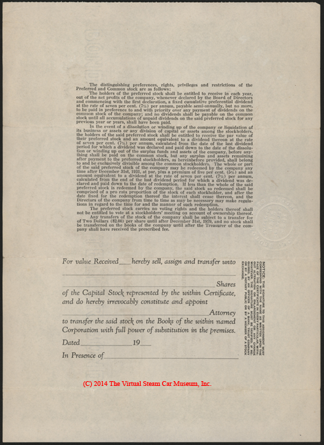 Brooks Steam Motors, Inc., Stock Certificate, June 15, 1931, J. M. Barber, reverse