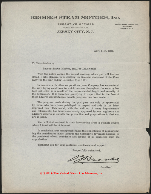 Brooks Steam Motors, Inc., Stock Certificate, April 11, 1932, Stockholder Letter, J. M. Barber