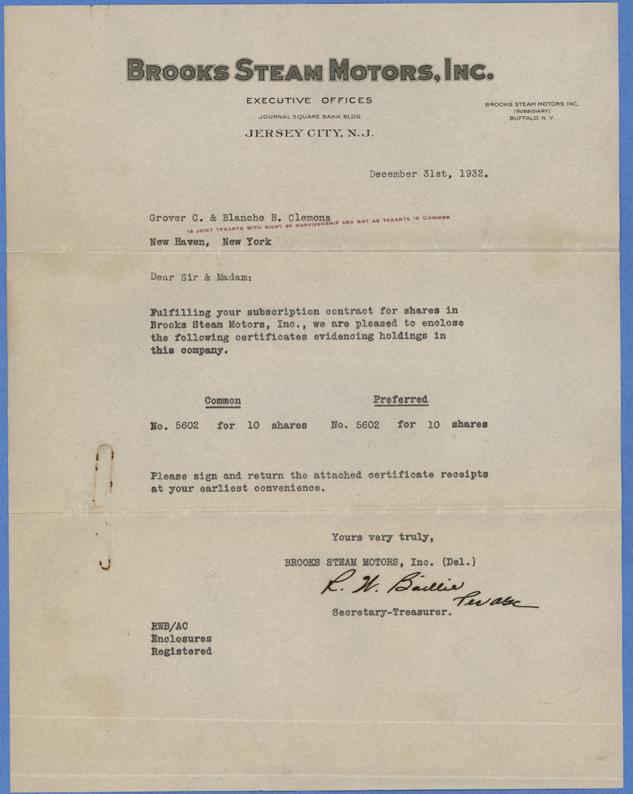 Brooks Steam Motors, Inc., Stock Letter, December 31, 1932, Clemons