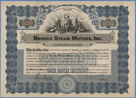 Brooks Steam Motors, Inc., Preferred Stock Certificate, December 31, 1932, Clemons, front
