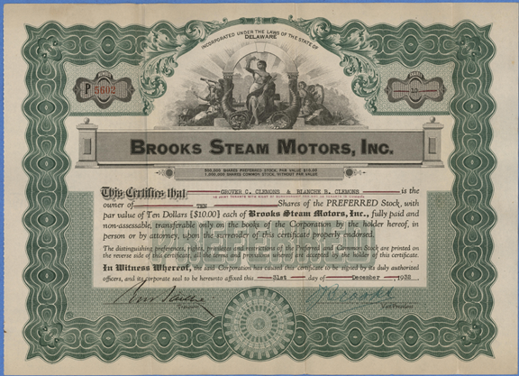 Brooks Steam Motors, Inc., Common Stock Certificate, December 31, 1932, Clemons, front