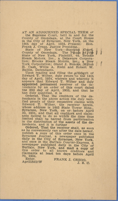 Brooks Steam Motors, Inc., Asset Distribution Postcard, April 20, 1933, Clemons, front