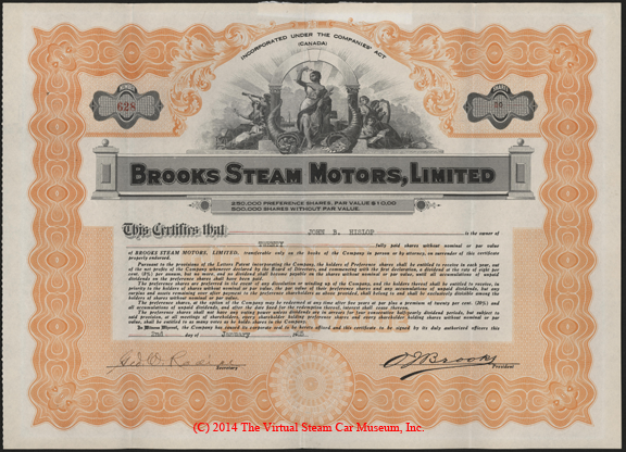 Brooks Steam Motors, LTD. Stock Certificate, John B. Hislop, January 2, 1925, Front