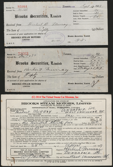 Brooks Steam Motors, Inc., Stock Purchase Receipt, April 24, 1927, Murray, Herbert