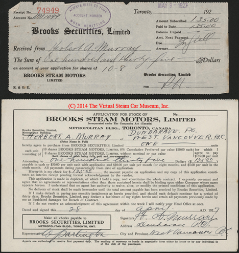 Brooks Steam Motors, Inc., Stock Purchase Receipt, April 24, 1927, Murray, Herbert