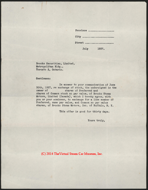 Brooks Steam Motors, Inc., Exchange of Stock Letter, July 1927, Murray, Herbert