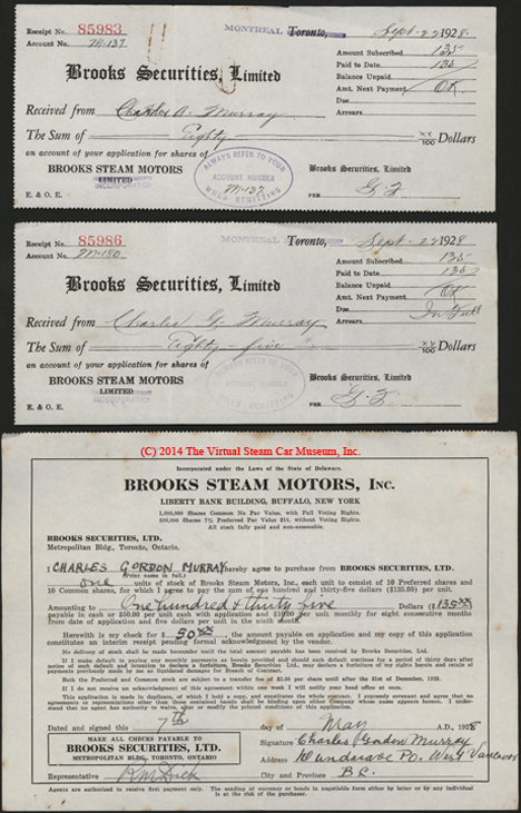 Brooks Steam Motors, Inc., Stock Purchase Receipts, May 7, 1928, Murray, Charles