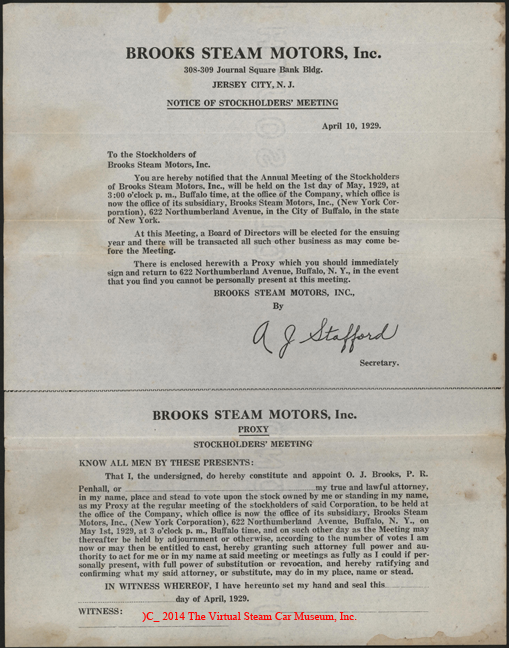 Brooks Steam Motors, Inc., Stockholder Notice, April 10, 1929, Murray