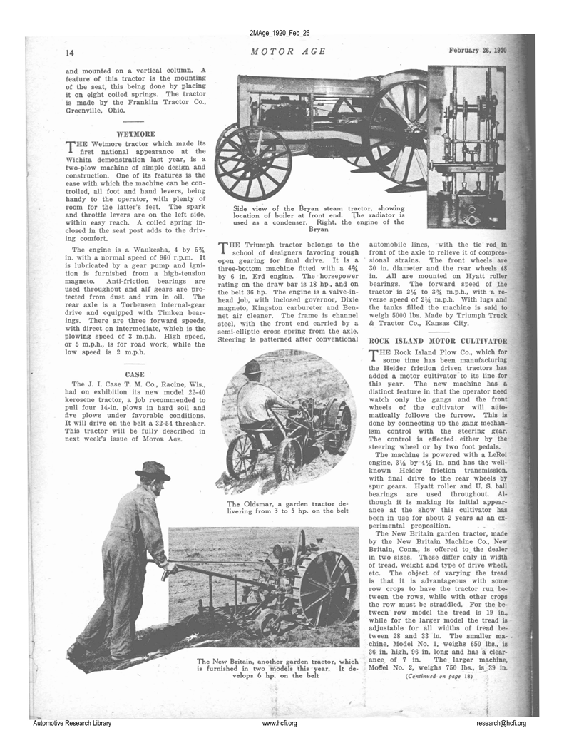 Bryan Harvester Corporation, Motor Age, February 26, 1920, p. 14