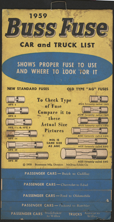 Bussman Manufacturing Division, McGraw-Edison Company, Buss Fuse Chart, 1958 - 1959