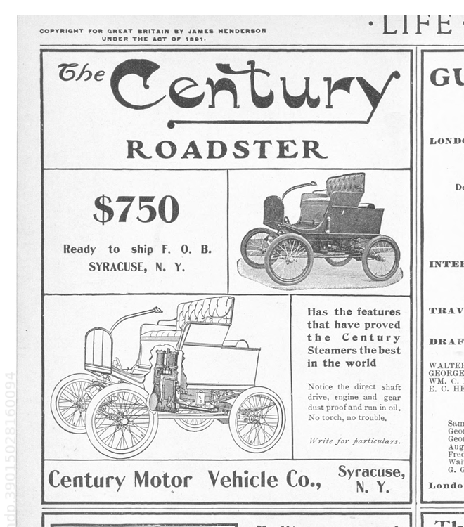 Century Motor Vehicle Company, Syracuse, NY, September 18,  1902, Life Magazine, p. 232