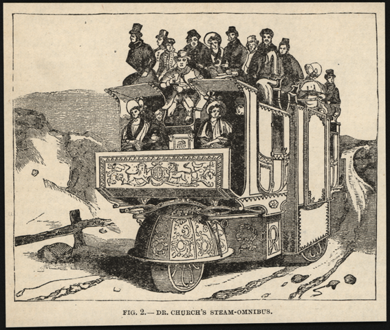 Dr. William Church's Steam Omnibus, England, ca: 1832 - 1835, Unidentified 19th Century Publication.