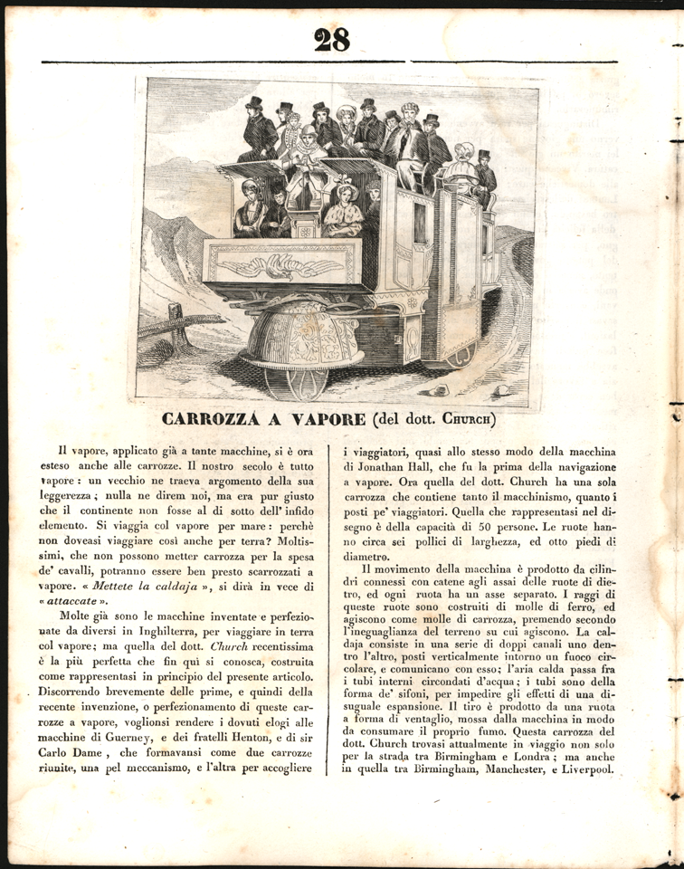  William Church's Steam Omnibus, Saturday, April 26, 1834 in L'Album, an Italian Periodical, page 28.