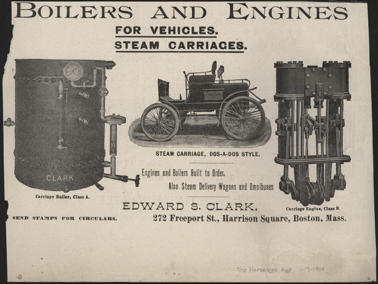 Clark, Edward S., Steam Car, Magazine Advertisement, Horseless Age, January 17, 1901, Conde Collection