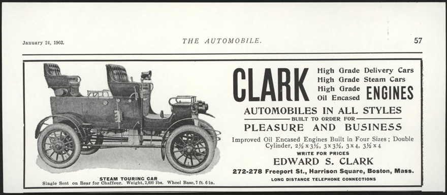 Clark, Edward S., Steam Car, January 1903 Magazine Advertisement, The Automobile Magazine, p. 57, John A. Conde Collection