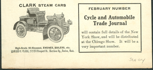 Clark, Edward S., Steam Car, Cycle and Automobile Trade Journal, January 1904, p. 380.