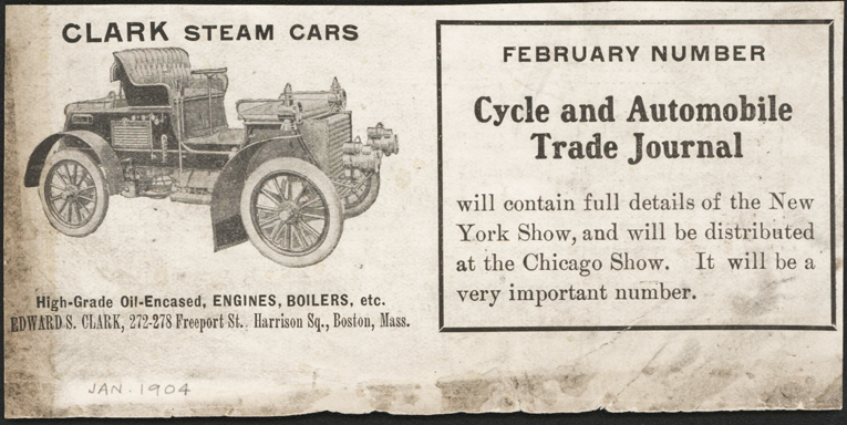 Edward S. Clark Steam Car Magazine Advertisement, January, 1904 Cycle & Automobile Trade Journal