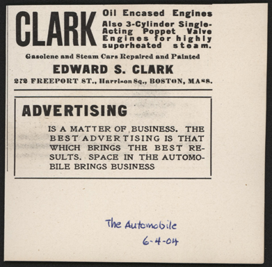Edward S. Clark  Steam Car Magazine Advertisement, June 1904, The Automobile