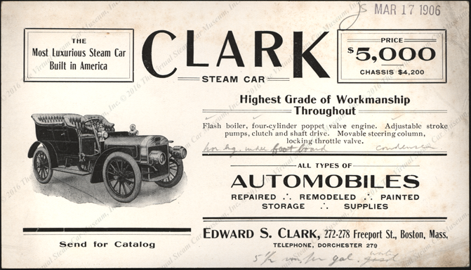 Edward S. Clark Steam Car Advertising Card, March 17, 1906