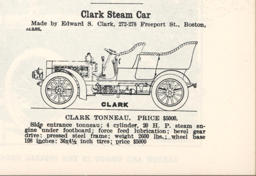 Clark, Edward S., Steam Car, Floyd Clymer image, page 65. John H. Conde Collection