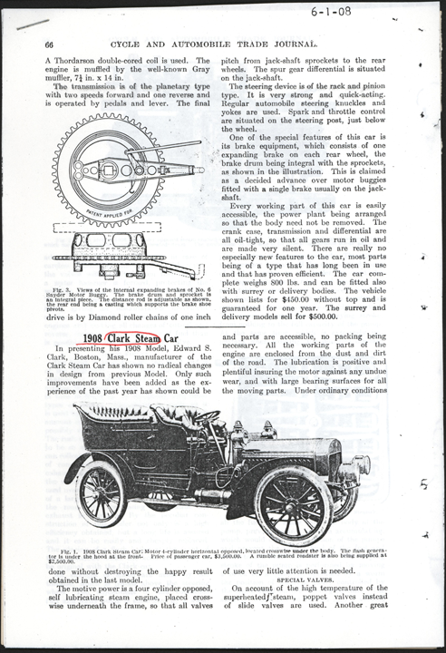 Clark, Edward S., Steam Car Article, Cycle and Automobile Trade Journal, June 1, 1908, p. 66 John A. Conde Collection