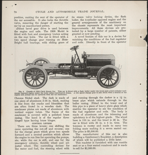 Clark, Edward S., Steam Car Article, Cycle and Automobile Trade Journal, June 1, 1908, p. 70 John A. Conde Collection