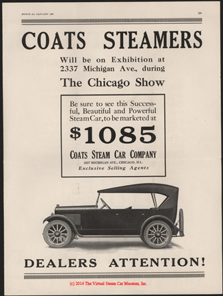 Coats Steam Motor Car Company, Motor Magazine Dealer's Solicitation Advertisement, January 1922, p. 209, e. H. Bryson
