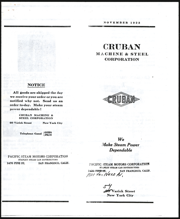 Cruban Machine & Steel Corporation Brochure, Photocopy, Pacific Steam Motors dealer stamp.