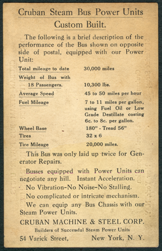 Cruban Machine & Steel Corporation, ca: 1925, Steam Bus Postcard, Reverse