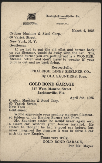 Cruban Machine & Steel Corporation, April 21, 1925, advertising card, Empire Automatic Burner Control, Reverse