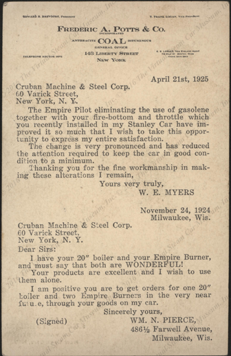 Cruban Machine & Steel Corporation, April 21, 1925, advertising card, Empire Safety Valve, Reverse