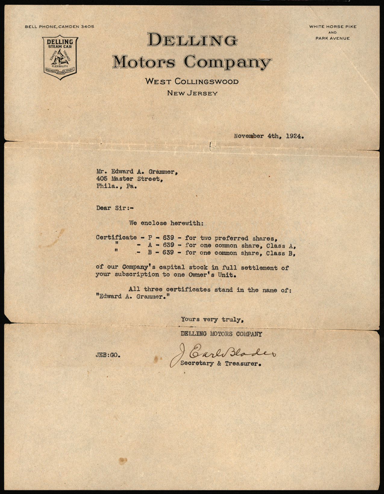 Delling Motors Company Letter, to Edward A. Grammer, November 4, 1924