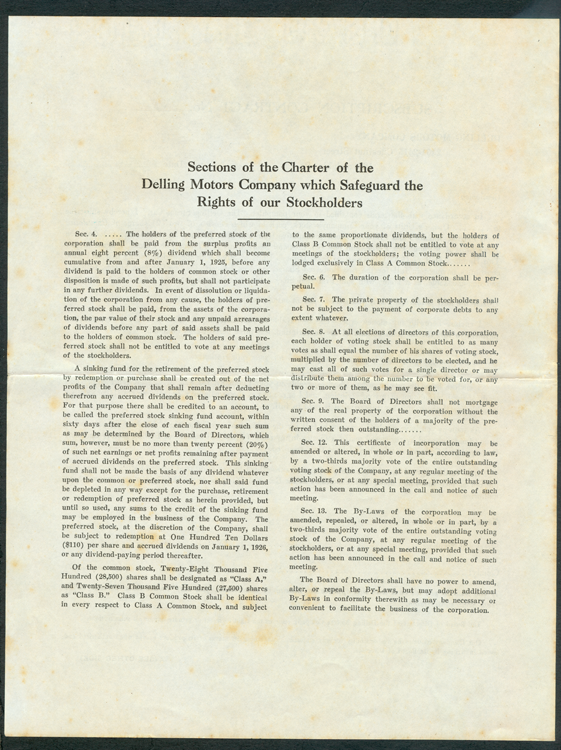 Delling Motors Company, 1925 Stock Solicitation Document Reverse