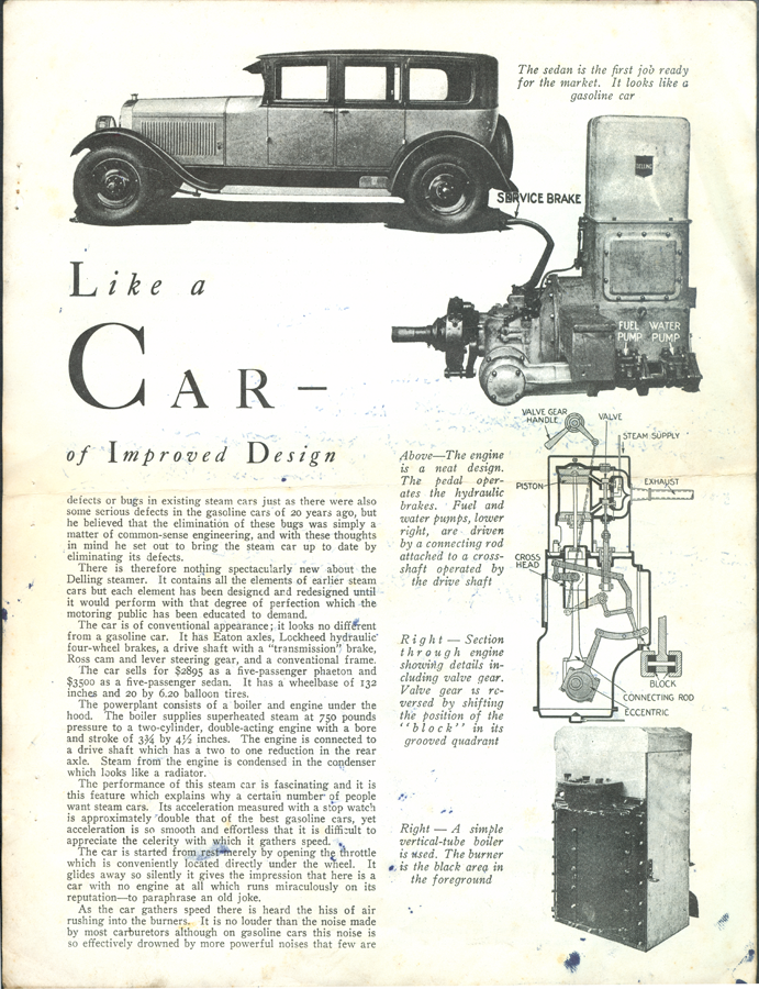 Delling Steam Car, Steam Developments Reprint, P. O. Box 335, Staten Island, 8 New York, from Motor Magazine