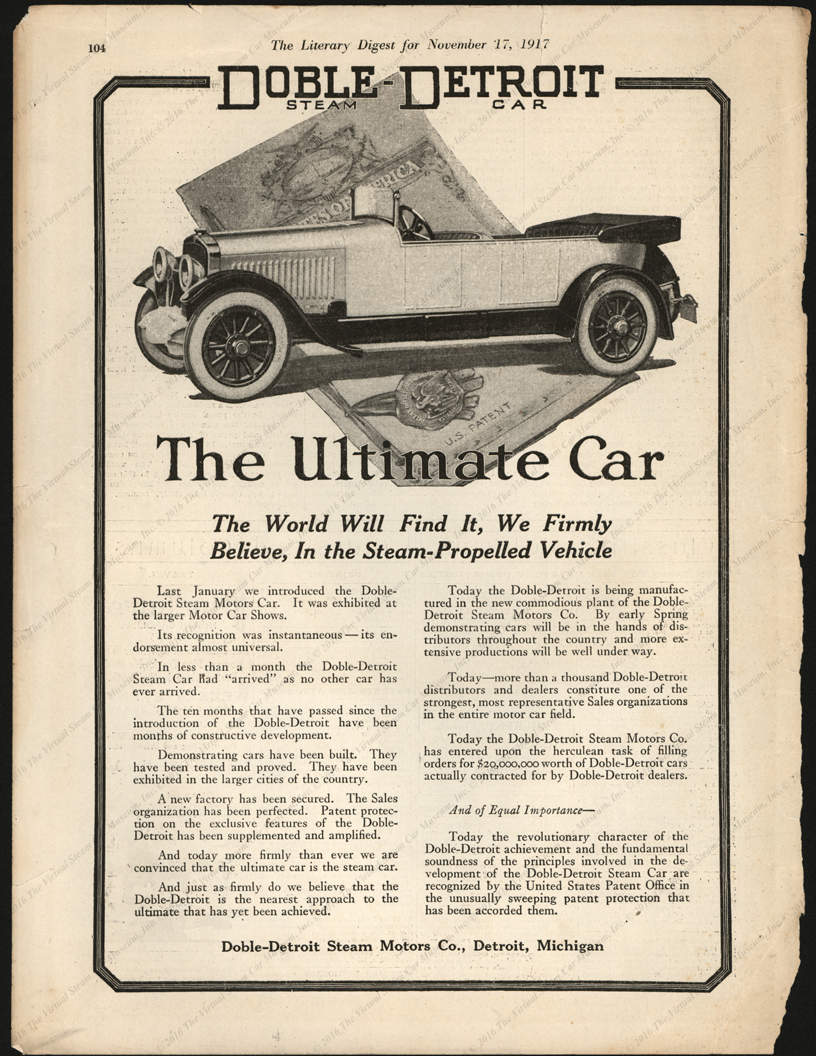 Doble-Detroit Steam Motors Company, Magazine Advertisement, The Ligerary Digest, November 17, 1917, 