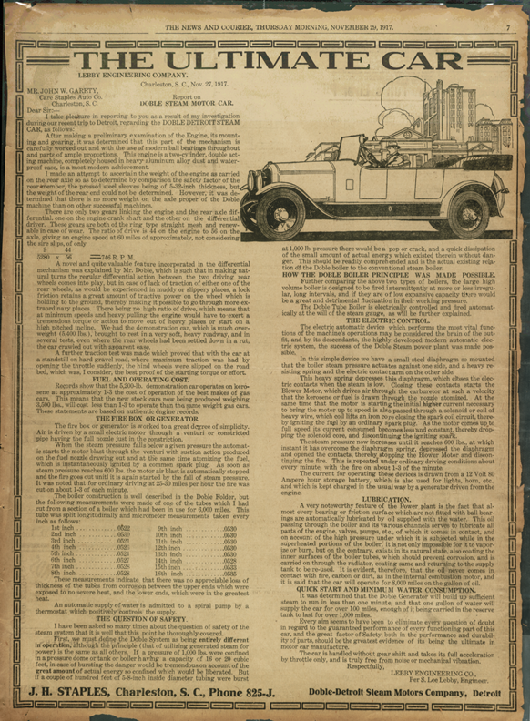 Doble-Detroit Steam Motors Company, Newspaper Advertisement, November 29, 1917  