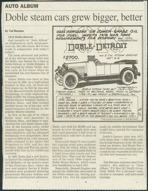 Doble_detroi Steam Motors Company, Newspaper Feature, ca: 1965